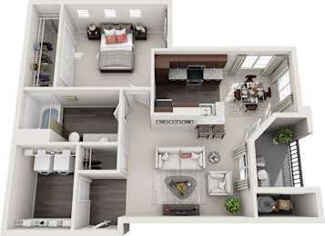 A 3D floor plan of a house with a living room, kitchen, and bedrooms.