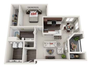 A 3D floor plan of a house with a kitchen, living room, and bedrooms.