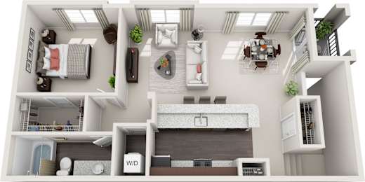 A 3D rendered image of a modern apartment layout.