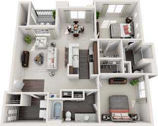 A 3D floor plan of a house with a living room, kitchen, and bedrooms.