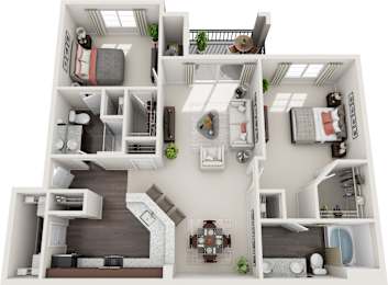 A 3D floor plan of a house with multiple rooms and furniture.