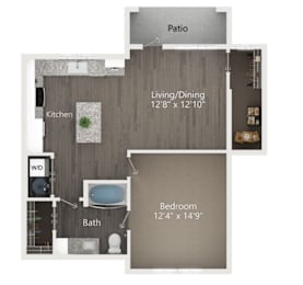 A floor plan of a small apartment with a kitchen, bathroom, bedroom, and living/dining area.