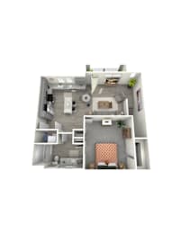 A 3D floor plan of a small apartment with a kitchen, living room, and bathroom.
