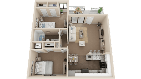 A 3D floor plan of a small apartment with two bedrooms and a living area.