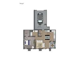 A Morgan apartment floor plan with a living room, kitchen, two bathrooms, and two bedrooms.