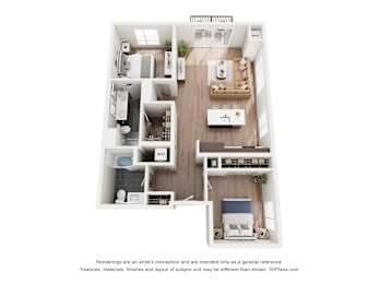 A 3D floor plan of a small apartment with a kitchen, living room, and bathroom.