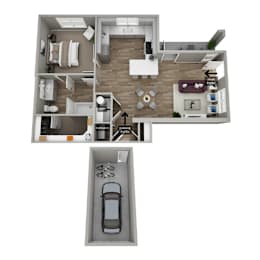 A floor plan of a house with a garage and a car.