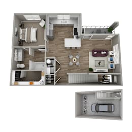 A 3D floor plan of a house showing the layout of the rooms.