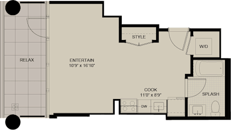 A floor plan of a house with labeled rooms such as RELAX, ENTERTAIN, and COOK.