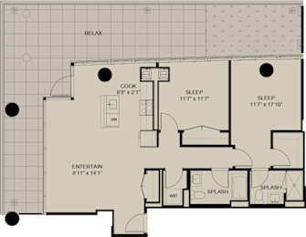A floor plan of a house with labeled rooms such as "RELAX", "COOK", "SLEEP", and "SPLASH".