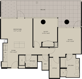 A floor plan of a house with labeled rooms such as RELAX, ENTERTAIN, SLEEP, COOK, SPLASH, W/D, and STYLE.