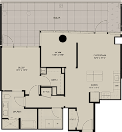 A floor plan of a house with labeled rooms such as RELAX, WORK, ENTERTAIN, SLEEP, COOK, STYLE, and SPLASH.