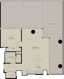 A floor plan of a house with labeled rooms such as SLEEP, STYLE, SPLASH, COOK, and W/D.