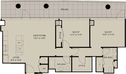 A floor plan of a house with a relaxation area, two bedrooms, a bathroom, a kitchen, and two splash areas.