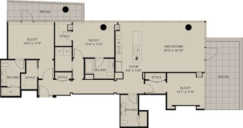 A floor plan of a house with labeled rooms such as "RELAX" and "ENTERTAIN".