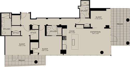 A floor plan of a house with labeled rooms such as SPLASH, SLEEP, STYLE, RELAX, and ENTERTAIN.