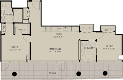 A floor plan of a house with a sleeping area, entertainment area, and a kitchen.