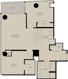 A floor plan of a house with labeled rooms such as RELAX, SLEEP, STYLE, ENTERTAIN, COOK, W/D, SPLASH and their respective dimensions.