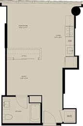 A floor plan of a house with labeled rooms such as Entertainment, Kitchen, Style, Splash, and W/D.