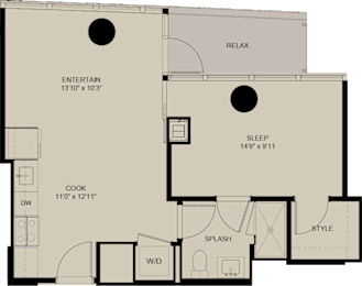 A floor plan of a house with labeled rooms such as RELAX, SLEEP, and COOK.