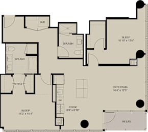 A floor plan of a house with labeled rooms such as sleep, splash, style, cook, and relax.
