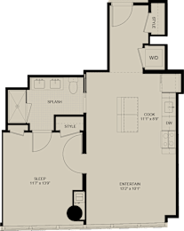 A floor plan of a house with a sleeping area, a kitchen, and an entertainment area.
