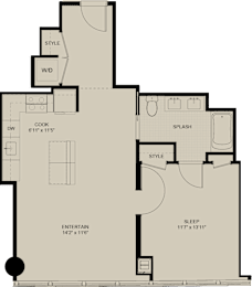 A floor plan of a house with labeled rooms such as "COOK", "SPLASH", "ENTERTAIN", and "SLEEP".