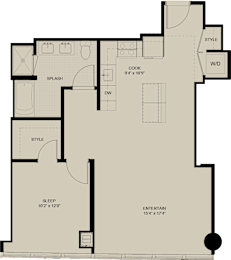 A floor plan of a house with a sleeping area, kitchen, and entertainment area.