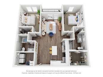 A 3D floor plan of a house with a kitchen, living room, and two bedrooms.