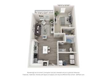a stylized floor plan with a bedroom and a bathroom