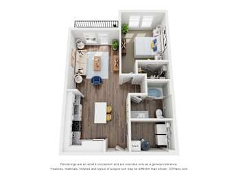A 3D floor plan of a small apartment with a kitchen, living room, and bathroom.