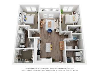A 3D floor plan of a house with a kitchen, living room, and two bedrooms.