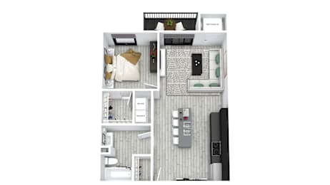 A top-down view of a small apartment with a kitchen, living room, and bathroom.