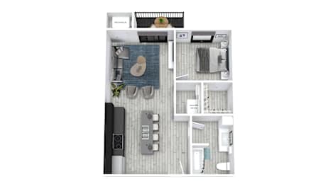 A floor plan of a small apartment with a kitchen, living room, and bathroom.