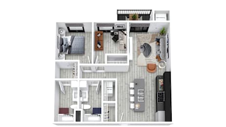 A top-down view of a modern apartment layout.