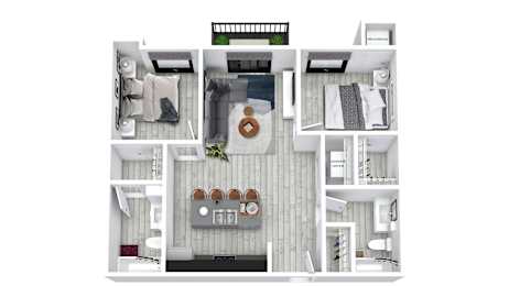 A floor plan of a small apartment with a kitchen, living room, and bedroom.