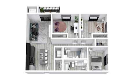 A modern apartment layout with a kitchen, living room, and bedroom.