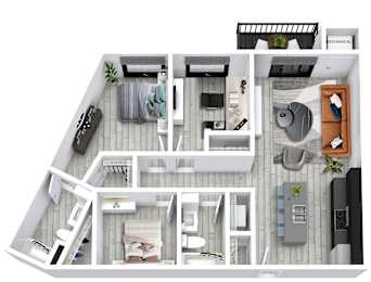 A top-down view of a small apartment with a kitchen, living room, and bedroom.