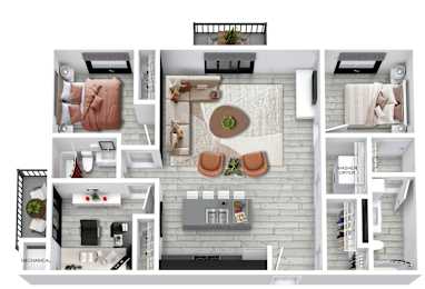 A floor plan of a small apartment with a kitchen, living room, and bathroom.