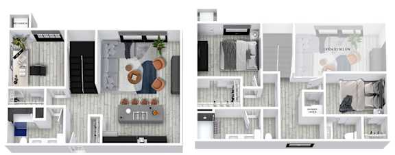 Two images of a small apartment layout with a kitchen, living room, and bedroom.