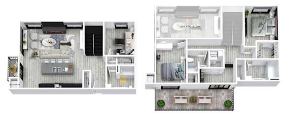 A floor plan of a two-bedroom apartment with a kitchen, living room, and bathroom.