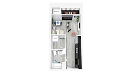 A top-down view of a small apartment with a kitchen, living room, and bathroom.