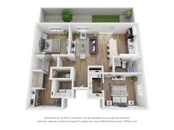 A 3D floor plan of a house with a kitchen, living room, and bedrooms.