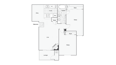 A floor plan of a house with a lounge, kitchen, and two bedrooms.