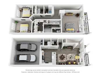 A 3D floor plan of a house with two bedrooms, a living room, a kitchen, a dining room, and a garage.