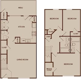 A floor plan of a house with two bedrooms, a living room, a kitchen, a pantry, a storage area, and a patio.