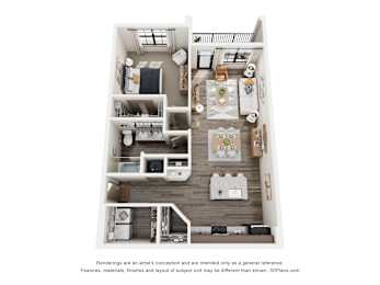 A 3D floor plan of a house with a kitchen, living room, and two bedrooms.