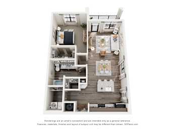 A 3D floor plan of a small apartment with a kitchen, living room, and bedrooms.