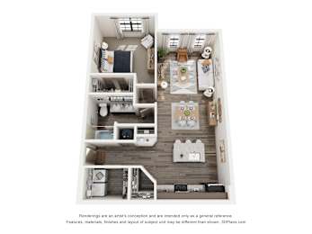 A 3D floor plan of a house with a kitchen, living room, and bathrooms.