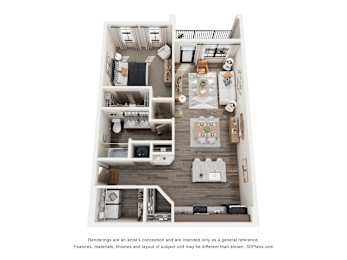 A 3D floor plan of a house with a kitchen, living room, and two bedrooms.